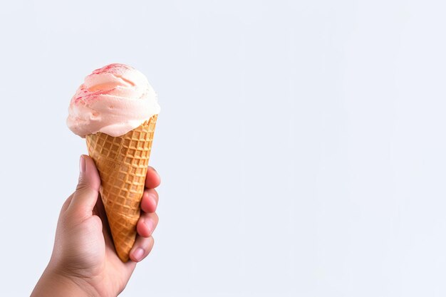 Hand holding delicious strawberry ice cream in a crispy waffle cone with copy space