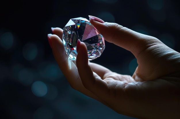 Hand holding diamond gem on black background
