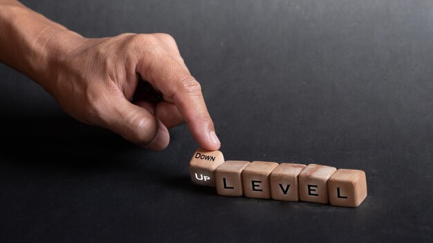 Hand holding dice with text for illustration of up and down\
level words