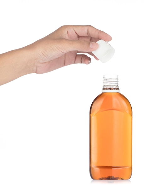 Hand holding Disinfectant solution bottles cleaning supplies isolated on white background