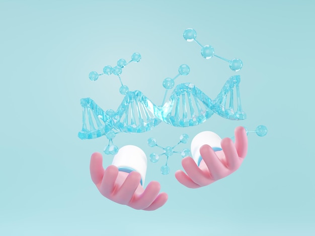 DNAスパイラル構造を持っている手。医学、遺伝子バイオテクノロジー、化学生物学、科学の背景、3Dイラスト。