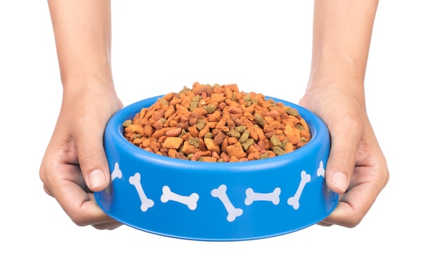 hand holding Dog food in bowl, isolated on white background