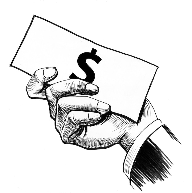 Photo hand holding a dollar banknote. ink black and white drawing