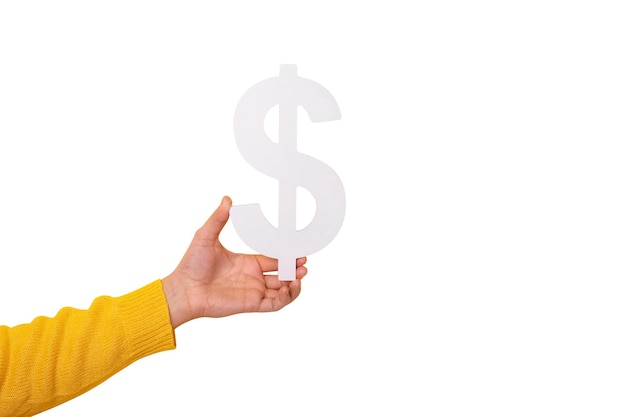 hand holding dollar symbol isolated on white background