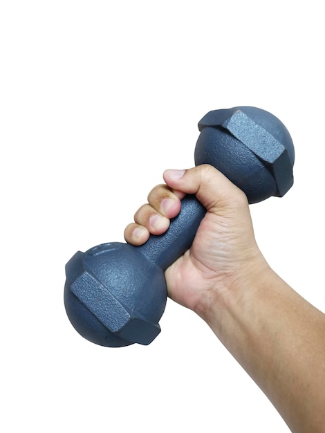 Hand holding dumbbell on isolated white background