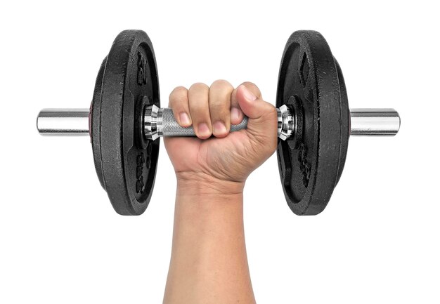 Hand holding dumbbell on isolated white background