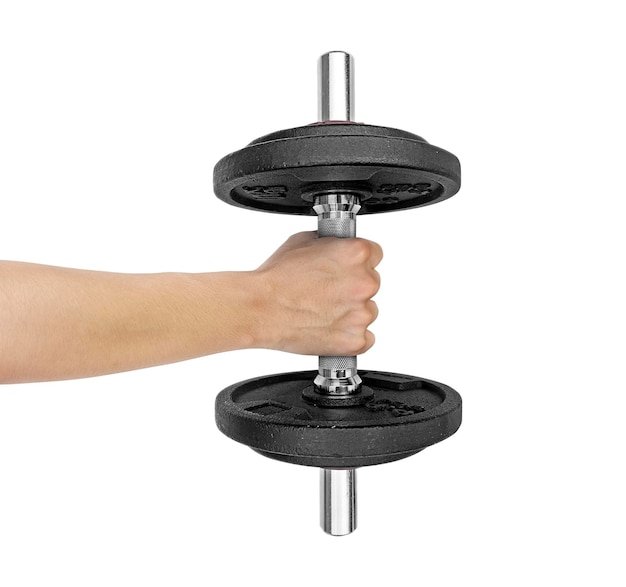 Hand holding dumbbell on isolated white background