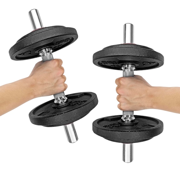 Hand holding dumbbell on isolated white background