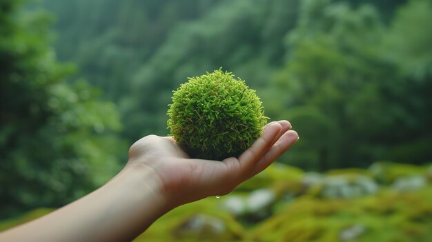 A hand holding a earth made green grass ball with a blurry backdrop for text a concept of save earth Generative AI