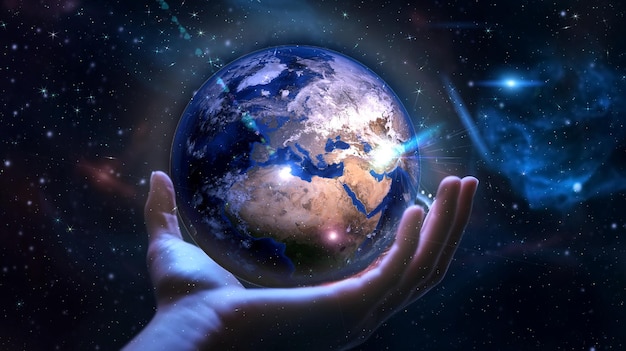 A hand holding the earth in space