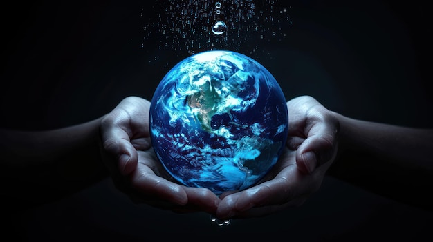 Photo hand holding earth with dripping water world water day ai generated image