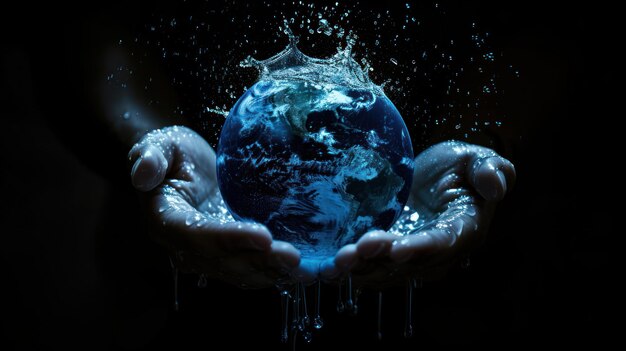 Hand holding earth with dripping water world water day AI generated image