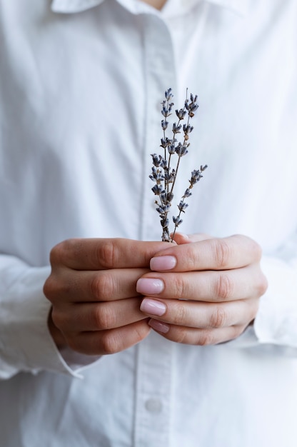 Foto mano che tiene fiore elegante