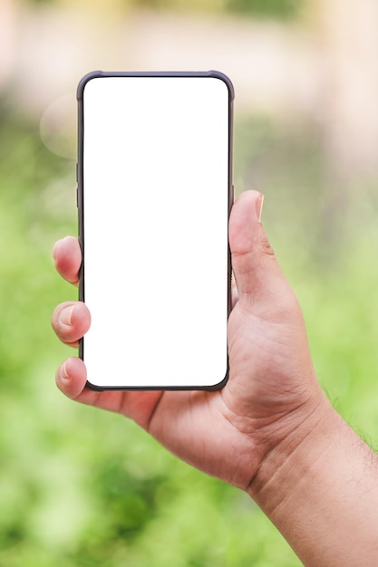 Hand holding empty white cellphone on the abstract blurry green outdoor background