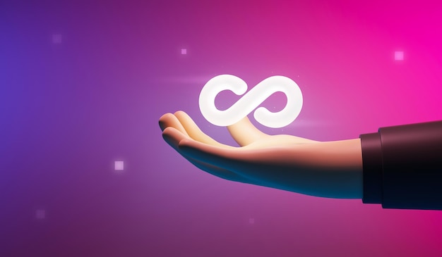 Hand holding endless infinity sign of virtual reality metaverse digital innovation game or internet