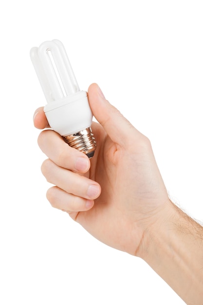 Hand holding energy saving fluorescent light bulb