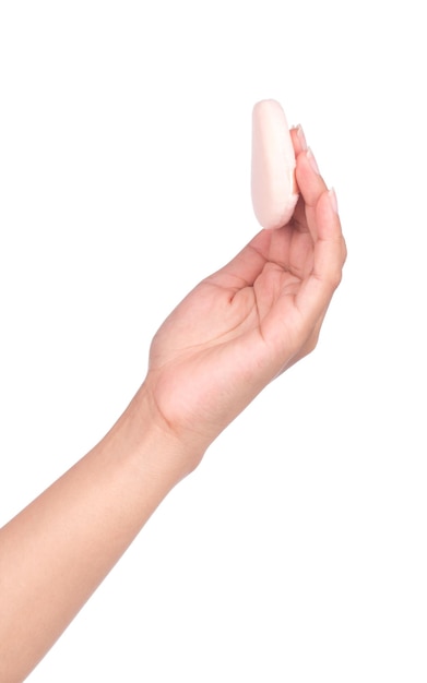 Hand holding a face powder sponge Isolation on white background.