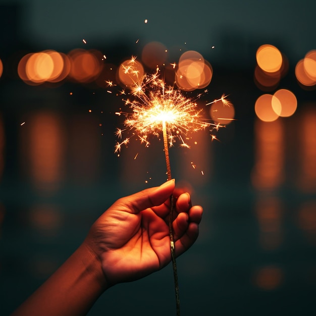 A hand holding fire sparkler Happy Diwali background