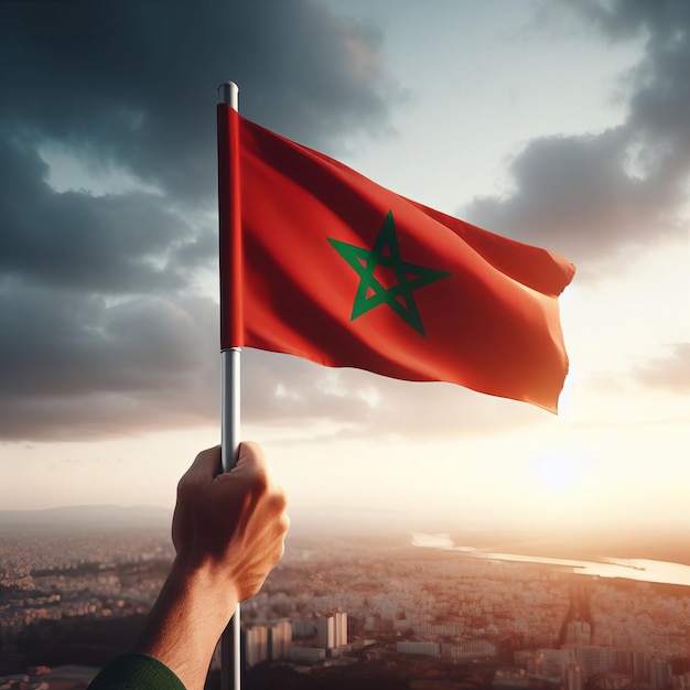 Photo a hand holding the flag of morocco atop a hill