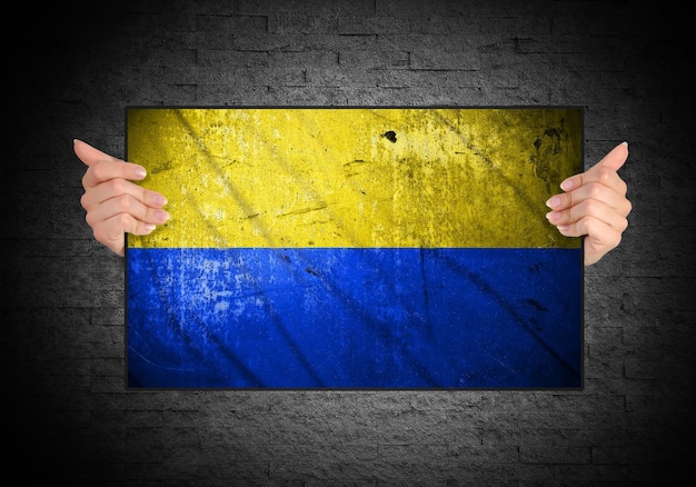 Hand holding flag of Ukraine