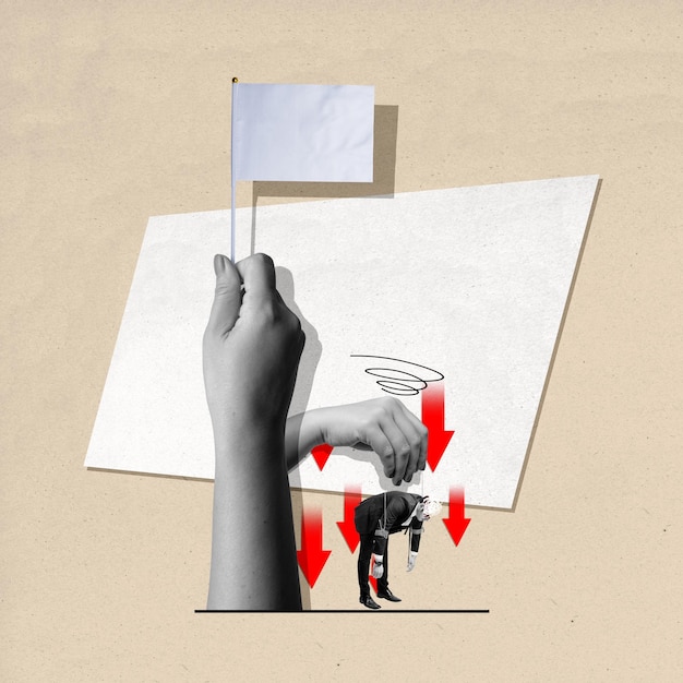 A hand holding a flag with a white background