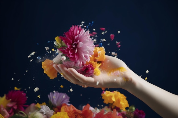 A hand holding a flower in the air