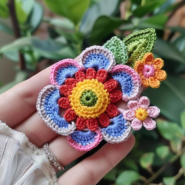 Foto una mano che tiene un fiore fatto a crochet