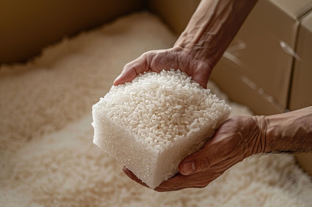 Photo hand holding foam boxes rice