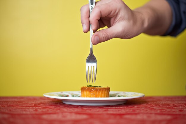Hand holding a fork with a piece of flan ready to eat