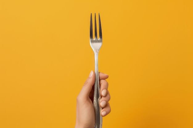 Hand holding fork on yellow background ai
