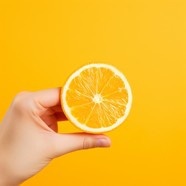 A hand holding fresh orange isolated on yellow background