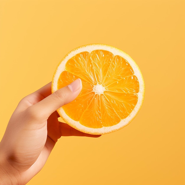 A hand holding fresh orange isolated on yellow background