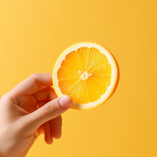 A hand holding fresh orange isolated on yellow background