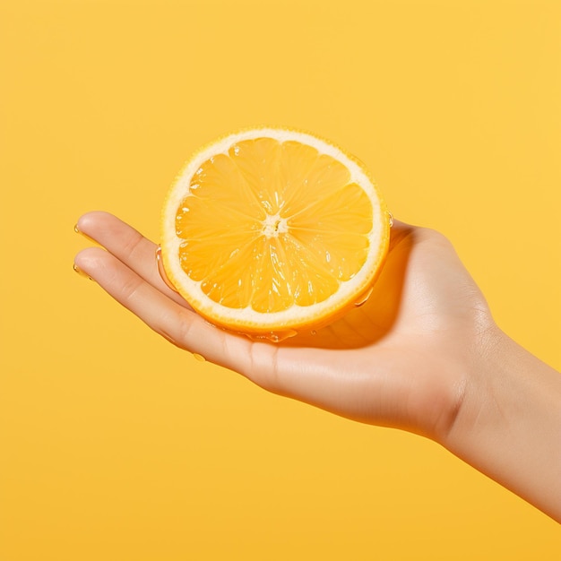 A hand holding fresh orange isolated on yellow background