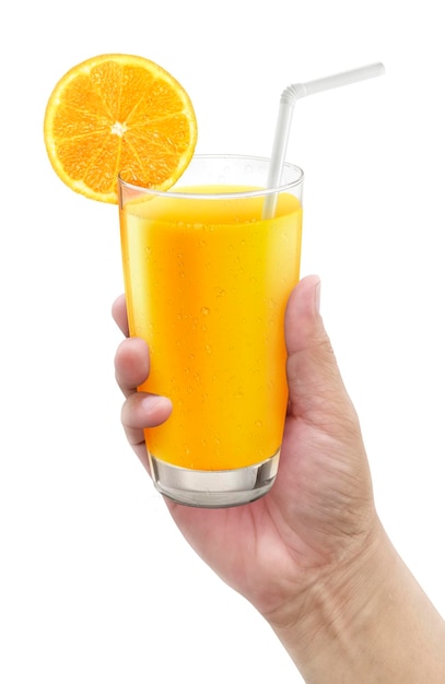 Hand holding of Fresh orange juice with fruits in a glass with on white background