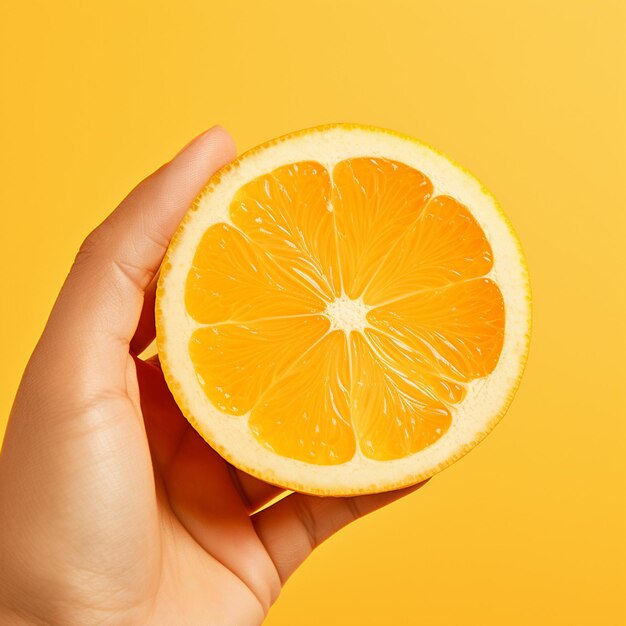 A hand holding fresh orange slice isolated on yellow background