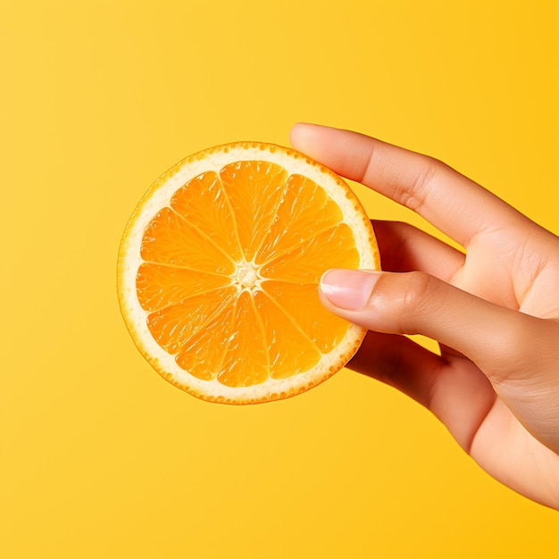 A hand holding fresh orange slice isolated on yellow background