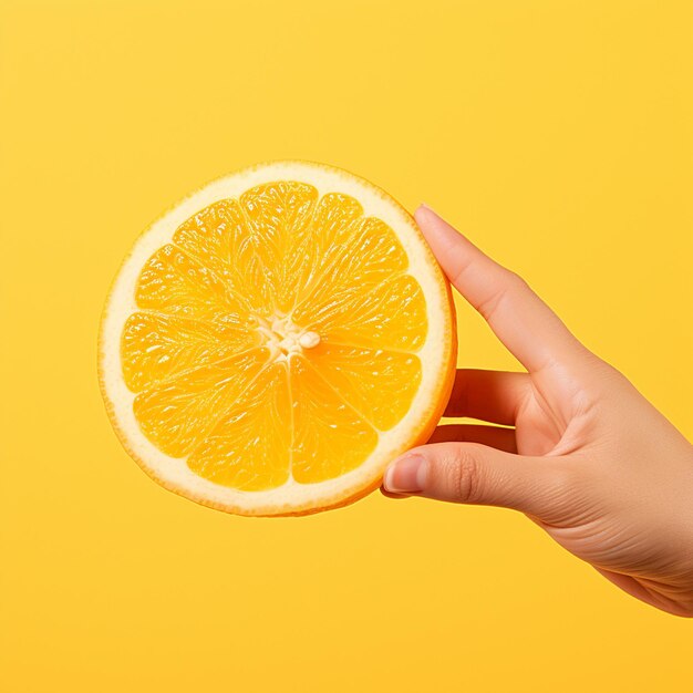 A hand holding fresh orange slice isolated on yellow background