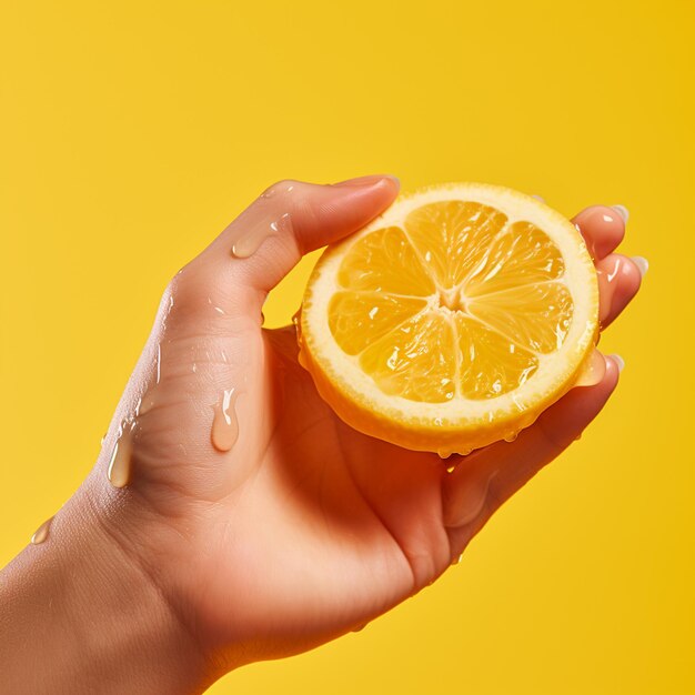 Photo a hand holding fresh orange slice isolated on yellow background