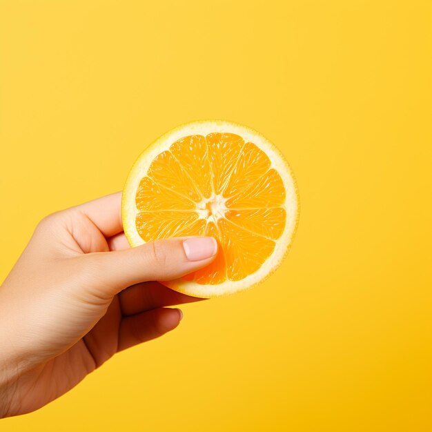 A hand holding fresh orange slice isolated on yellow background