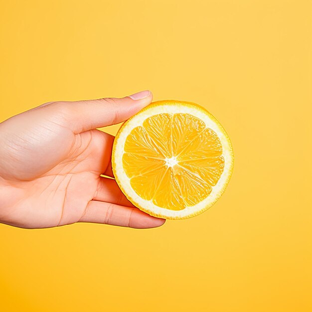 A hand holding fresh orange slice isolated on yellow background