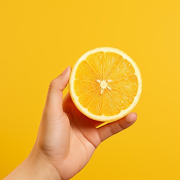 A hand holding fresh orange slice isolated on yellow background