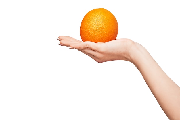 Hand holding fresh organic orange fruit isolated