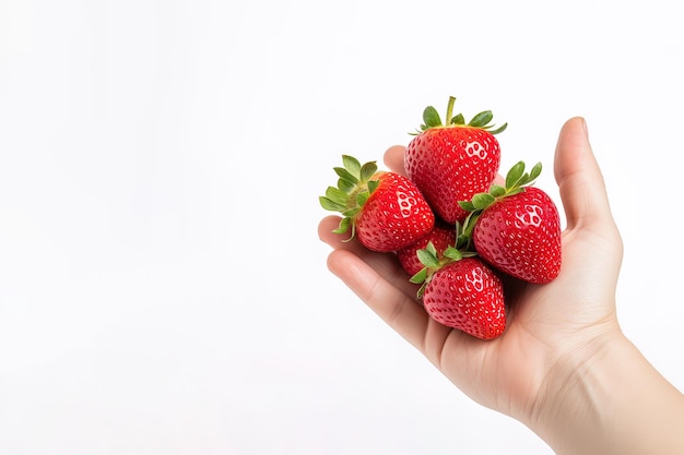 Hand holding fresh strawberries isolated on a white background with copy space