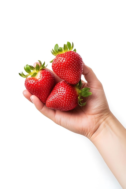 Hand holding fresh strawberries isolated on a white background