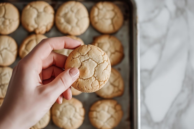 Hand Holding Freshly Baked Cookies Over Textured Metal Tray