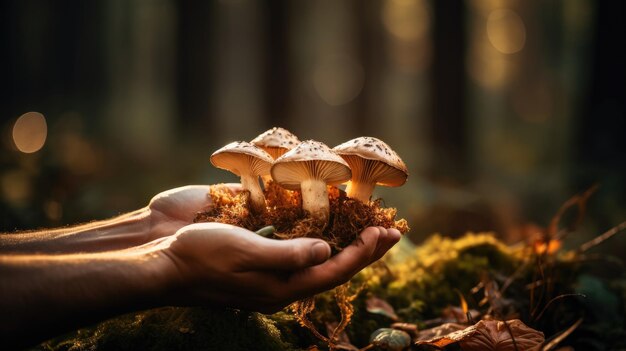 Hand holding a freshly foraged mushroom with a forest bokeh background Generative AI