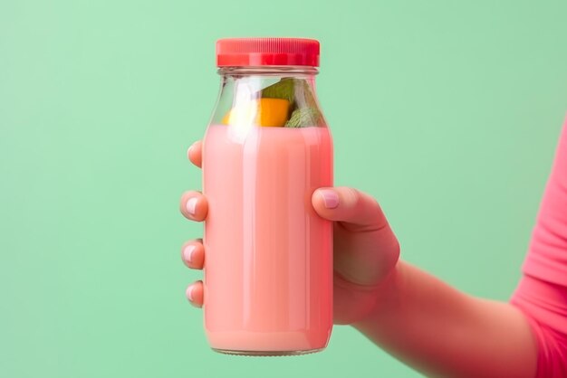 Hand holding freshly grapefruit juice in a bottle generative ai