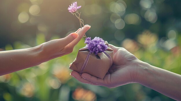 보라색 꽃 이 있는 선물 을 들고 있는 손
