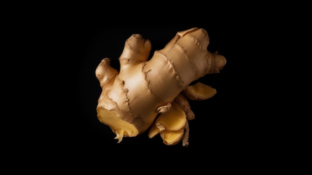 A hand holding a ginger root on a black background